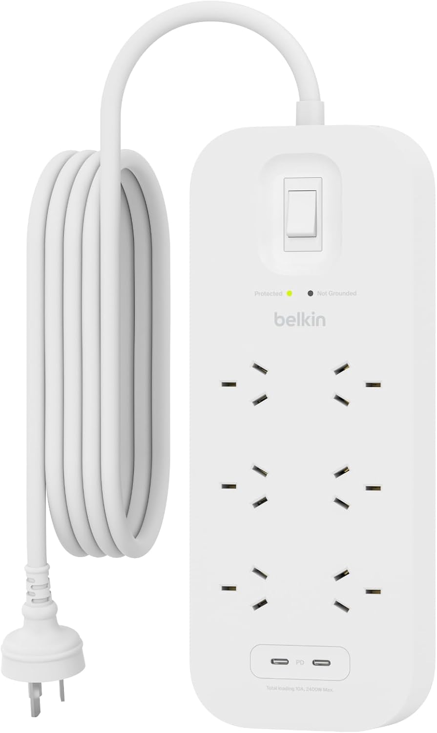 Belkin SurgePro 6-Outlet Surge Protector with Dual USB-C 30W, 2M Power Cord, RCM Safety Certified - SRB006AU2M Belkin SurgePro 6-Outlet Surge Protector with Dual USB-C 30W, 2M Power Cord, RCM Safety Certified - SRB006AU2M